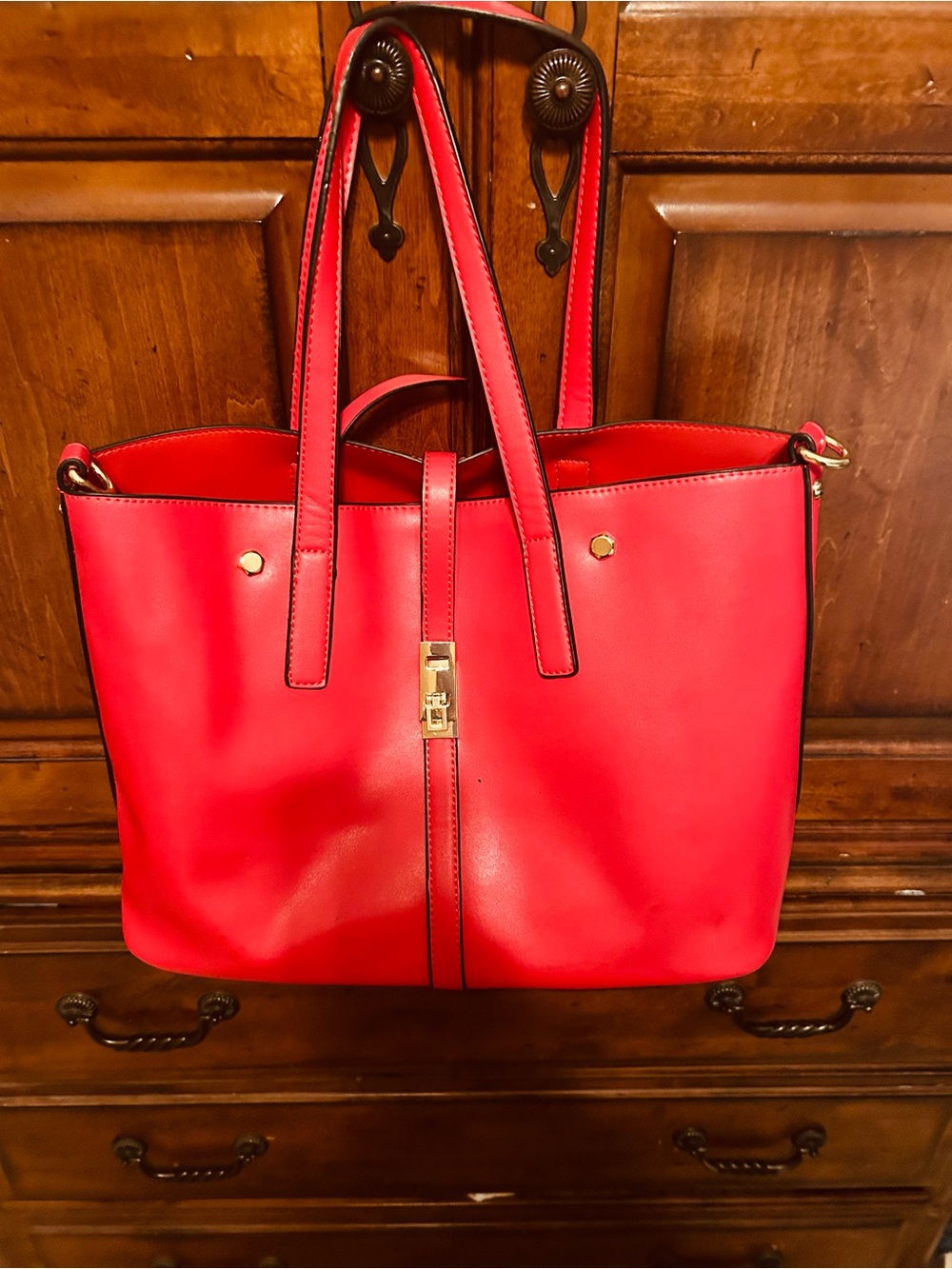 Red Leather Tote Bag with Gold Hardware - Women